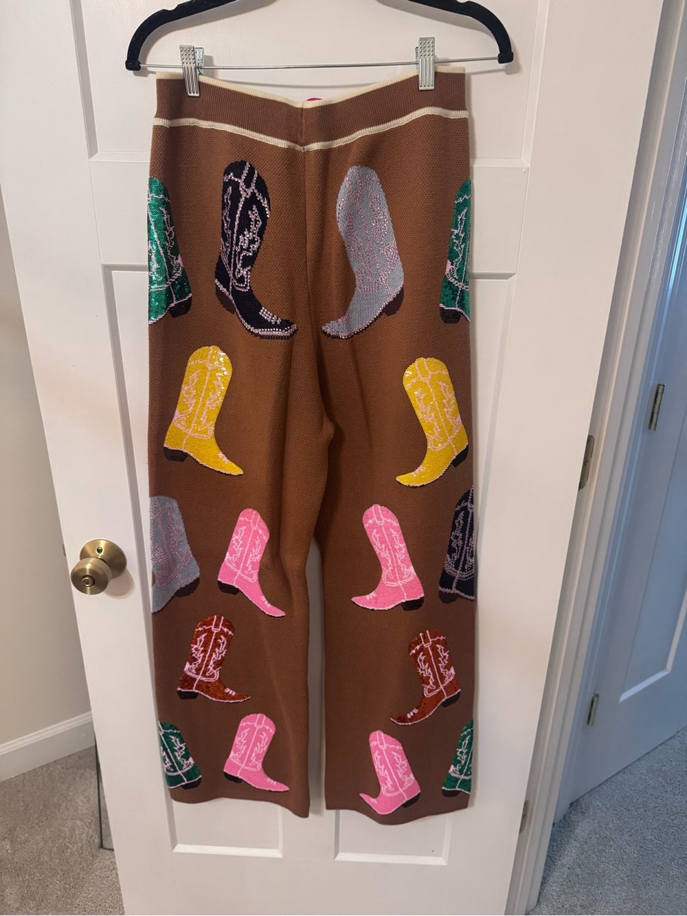 BRAND NEW Queen of Sparkles Brown Cowboy Boot Knit Pants WITH SEQUINS western - Picture 6 of 6